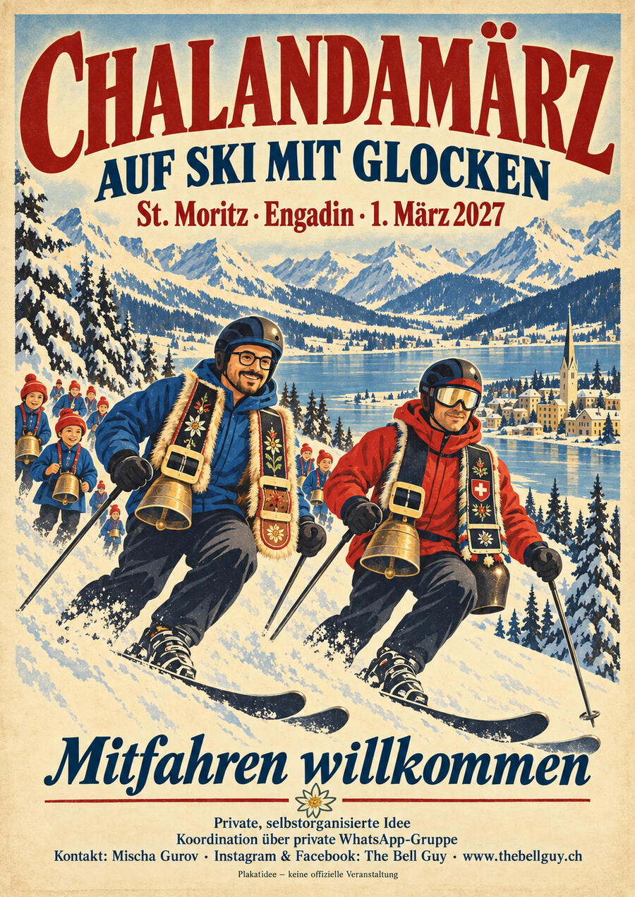 Vintage-style Chalandamarz 2027 poster showing skiers with traditional Swiss bells in St. Moritz, Engadin, for the planned 1 March 2027 bell-and-ski project