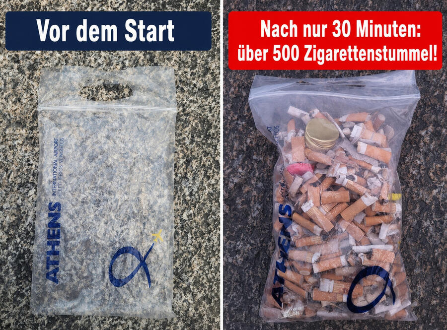 More than 500 cigarette butts collected in 30 minutes in Zurich Before-and-after comparison showing more than 500 cigarette butts collected in around 30 minutes near Zurich’s Schanzengraben